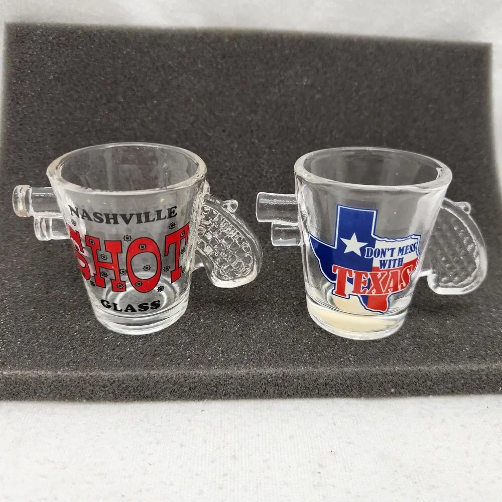 Shot Glass 3D Handle Pistol Nashville Or Texas Made In Taiwan Vintage Bar Ware